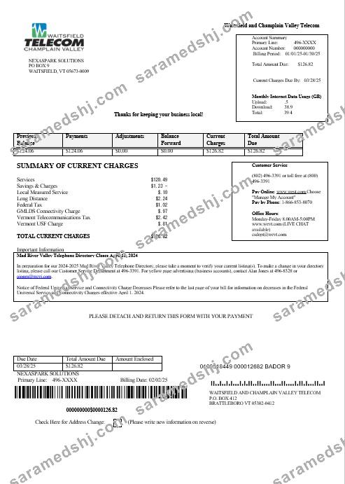 USA Waitsfield Telecom business utility bill template in Word and PDF formats